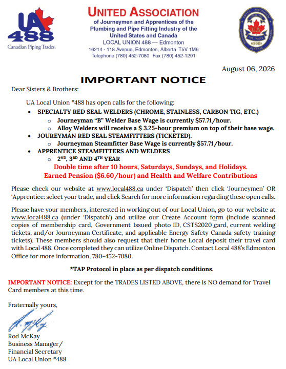 UA Local 488- Manpower Request - SPECIALTY RED SEAL WELDERS, STEAMFITTERS and APPRENTICES  - Featured Image