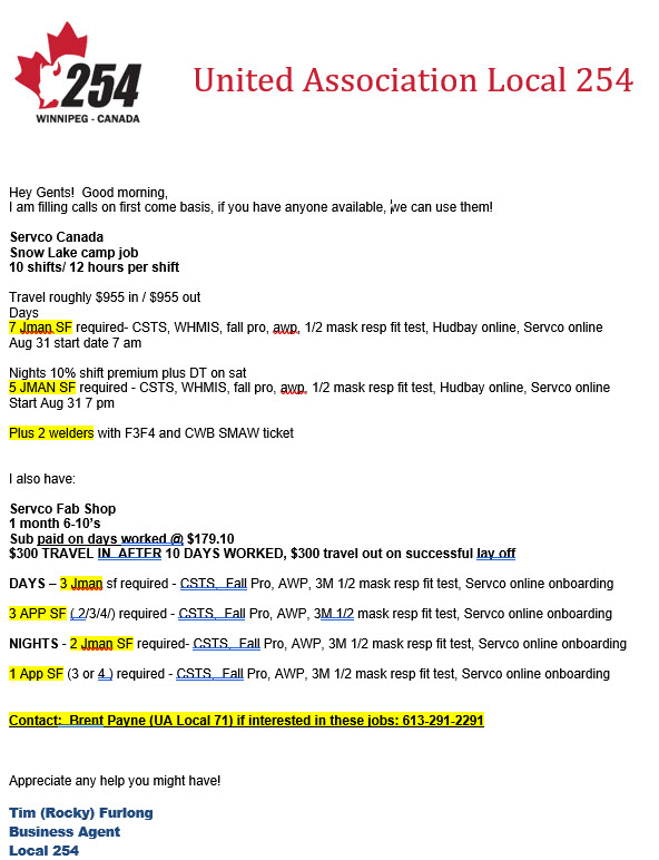 UA Local 254- Manpower Request - JOURNEYMEN and APPRENTICE WELDERS and STEAMFITTERS  - Featured Image