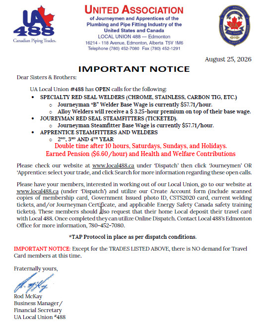 UA Local 488- Manpower Request - SPECIALTY RED SEAL WELDERS, STEAMFITTERS and APPRENTICES - Featured Image